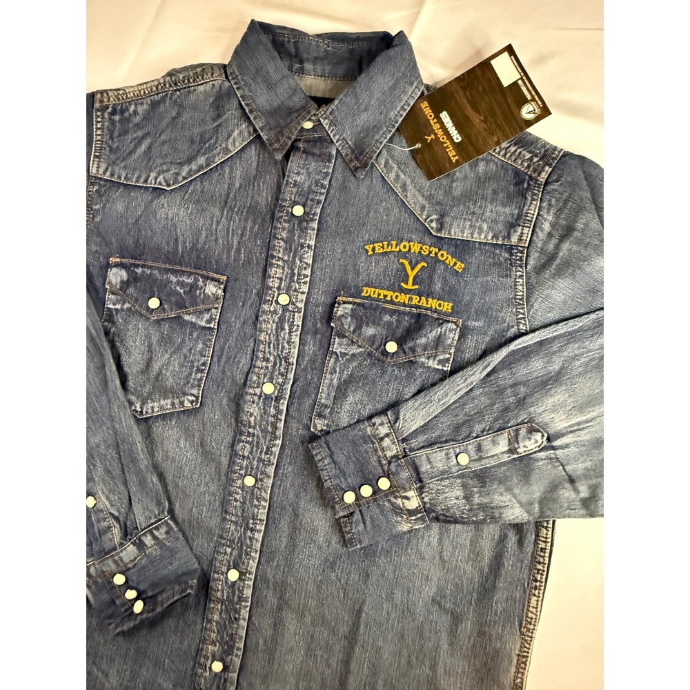Yellowstone Dutton Ranch Mens Denim Western Snap Shirt Blue Embroidered NWT